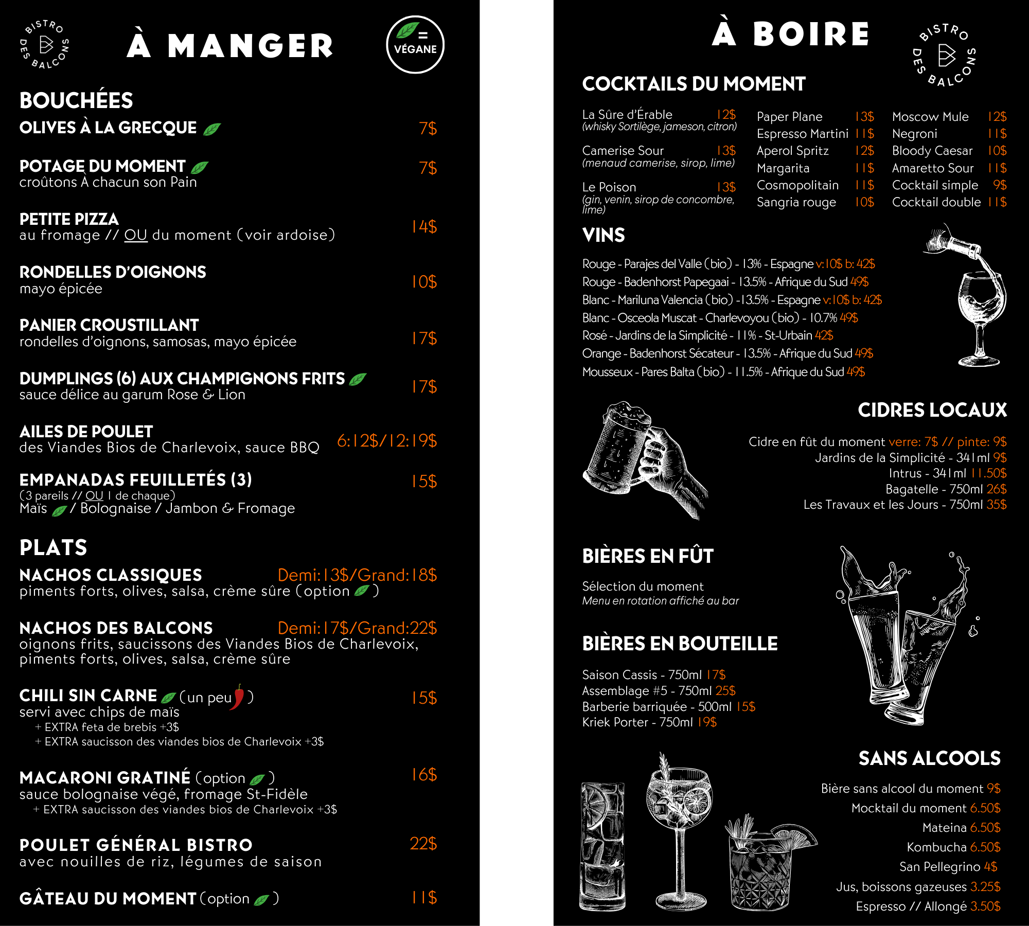 Menu du bistro des Balcons - Hiver 2026